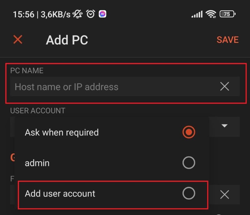 Nhập IP chọn Add user account