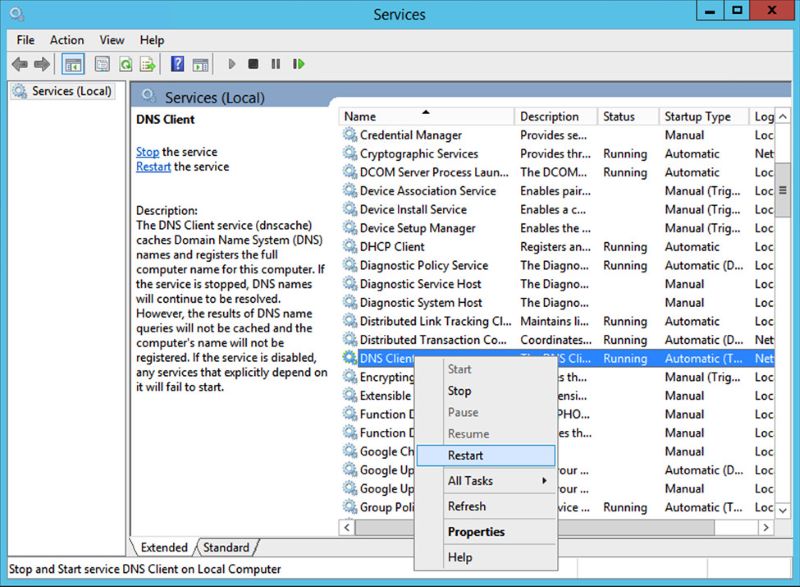 Tìm DNS Client sau đó chọn Restart