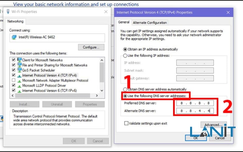 Chọn Use the following DNS server addresses