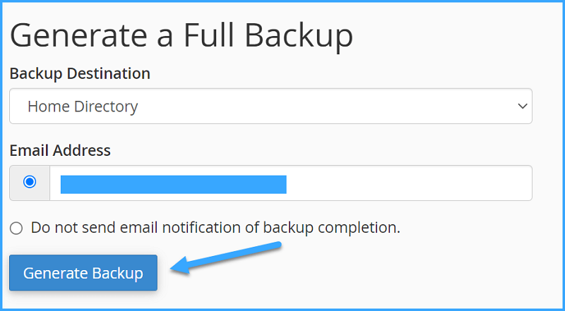 Nhấp vào "Generate Backup" để bắt đầu quá trình sao lưu