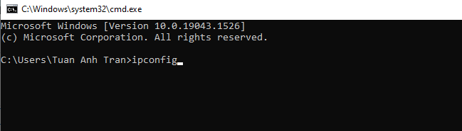 Nhập lệnh ipconfig tại hộp thoại Command Prompt