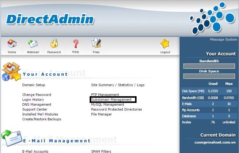 Chọn tùy chọn "Sub-domain Management"