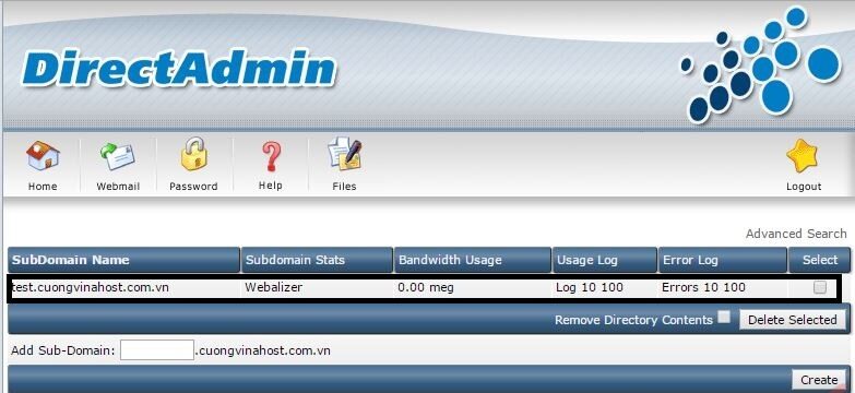 Tạo subdomain trên DirectAdmin thành công
