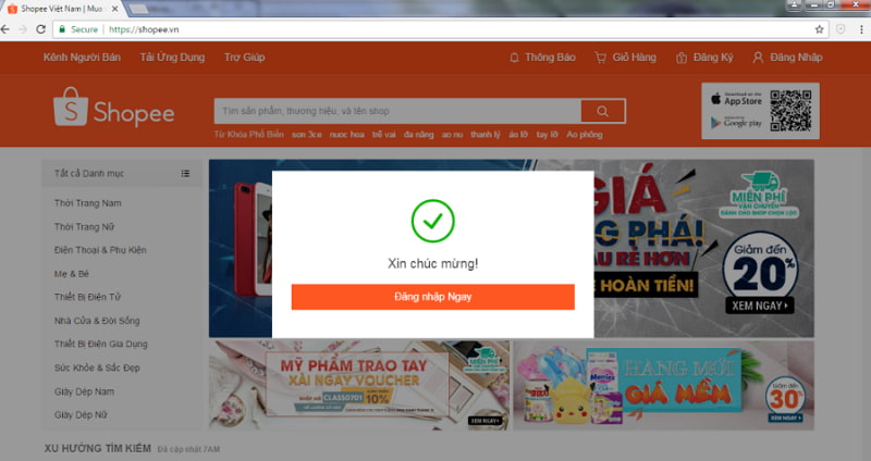 Thông báo đăng ký thành công của Shopee