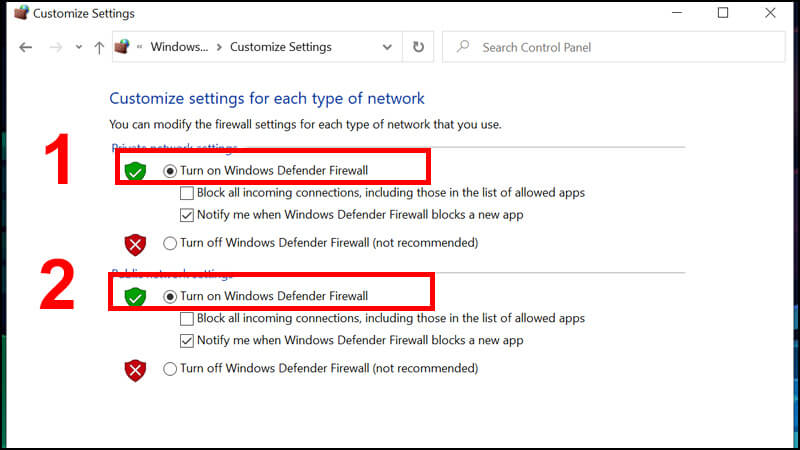 Chọn Turn on Windows Defender Firewall