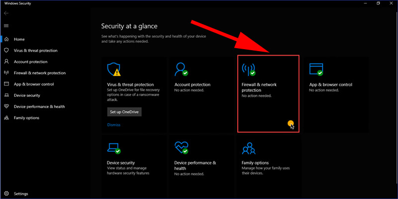 Chọn mục Firewall & network protection