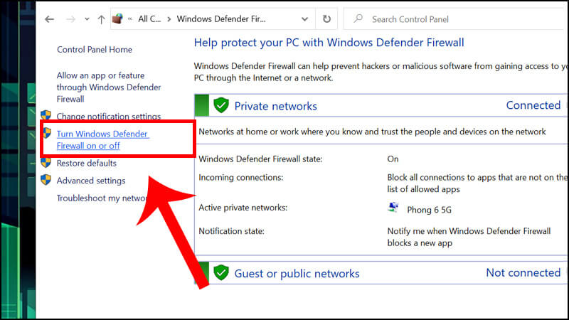 Nhấp vào Turn Windows Defender Firewall on or off 