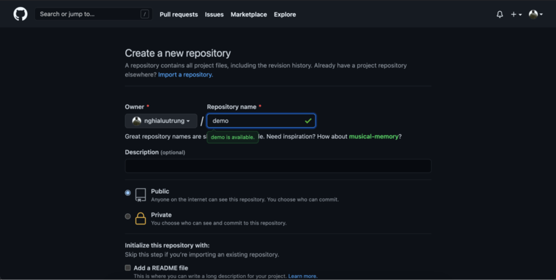 Điền thông tin đăng ký GitHub Repository