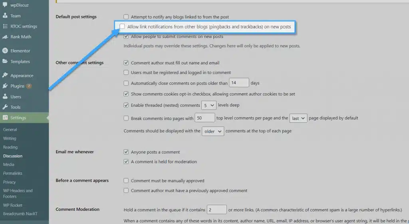 Đánh dấu mục “Allow link notifications from other blogs