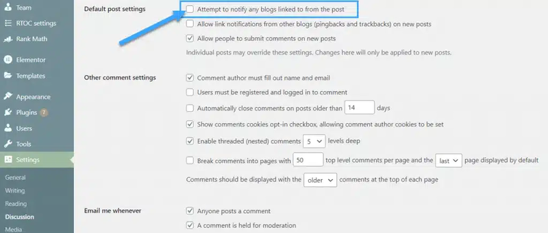 Bỏ chọn ô trống bên cạnh “Attempt to notify any blogs linked to from the article”
