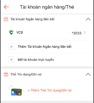 Vào tài khoản ngân hàng/ thẻ