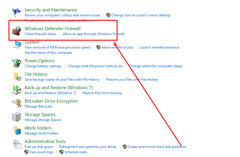 Chuyển đến "Windows Defender Firewall"